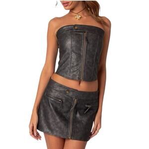 Edikted Ziva Lace Up Faux Leather Zip Corset Crop Top Black Designer NWT US S